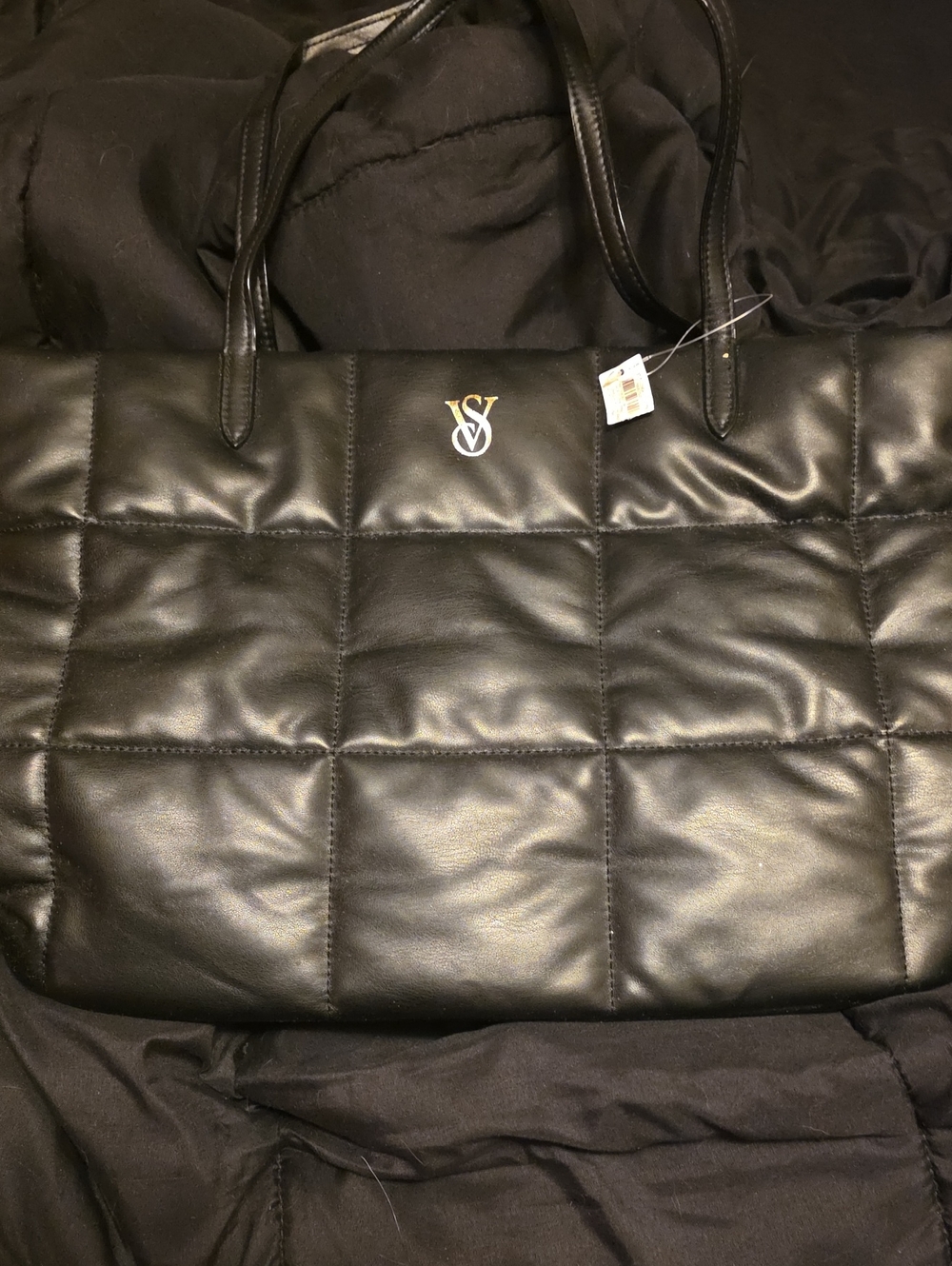 Quilted Black Tote Bag with Gold/White Logo